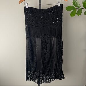 Kroshetta Crochet Sequin Beaded Satin Midi Skirt Black Boho Bohemian Size Large